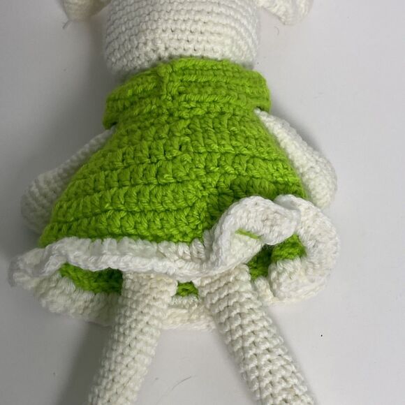 Handmade White Bunny Green Dress Button Eyes Pink Nose Mouth Bow - Picture 9 of 12